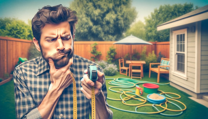 DALL·E 2024-02-21 10.48.22 - Envision a father in his backyard, visibly confused and contemplating the hose length he requires. This time, the focus is closely on the fathers exp