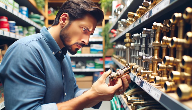 DALL·E 2024-02-21 11.03.53 - Imagine a scene in a hardware store where a father is intently examining the different types of hose couplings available. This detailed view captures 