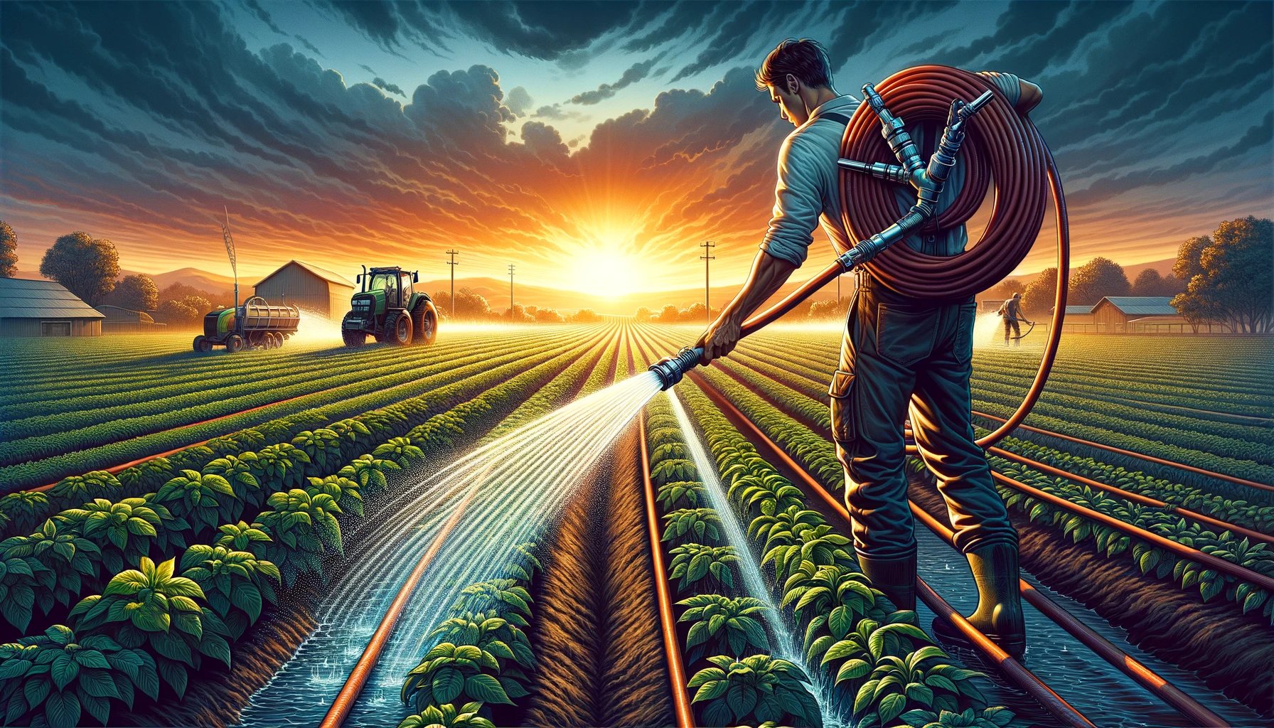 DALL·E 2024-03-21 09.22.11 - A farmer using a large, industrial-quality water hose to irrigate a vast field of crops under the warm glow of the sunset. The scene is set in a spraw