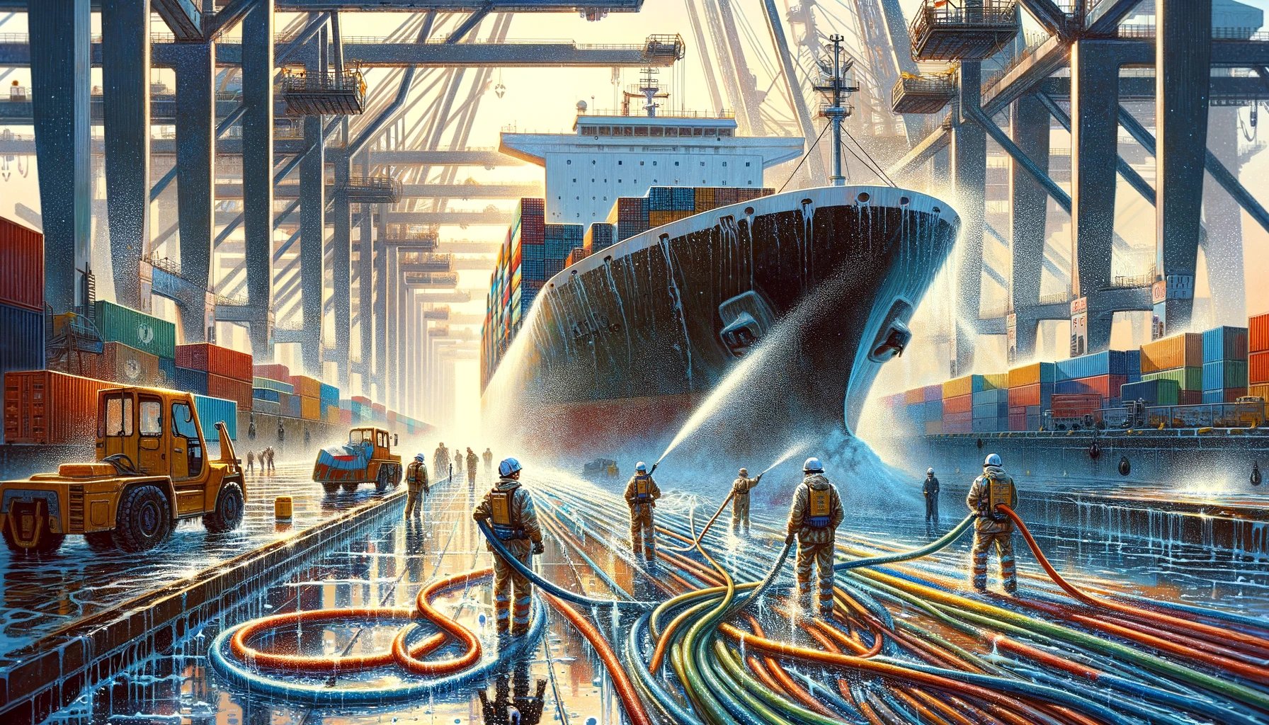 DALL·E 2024-03-21 09.24.27 - A scene at a bustling dock with workers using large water hoses to clean the deck of a ship. The ship, a massive cargo vessel, dominates the foregroun