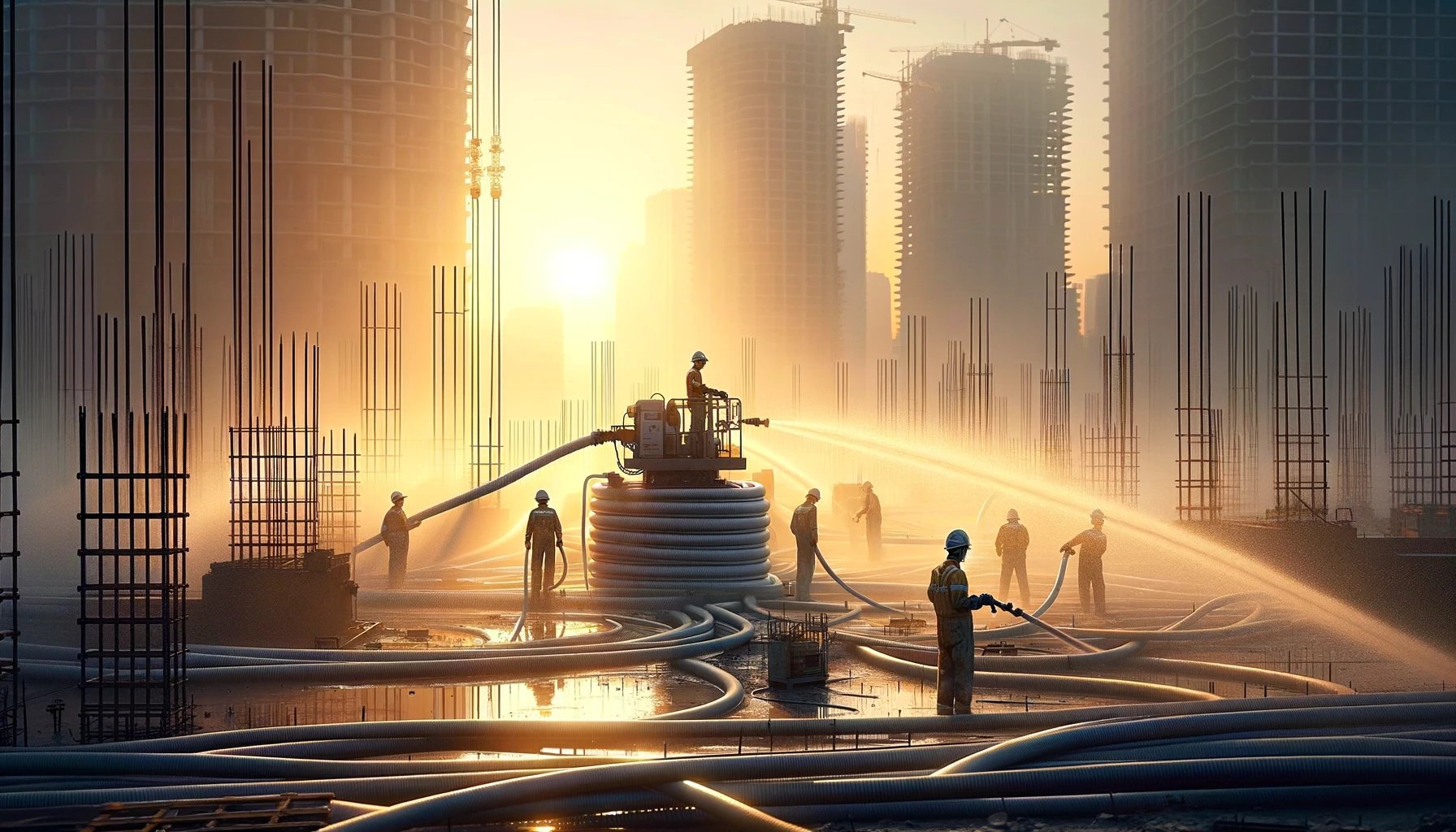 DALL·E 2024-03-21 09.30.27 - A serene construction site early in the morning, with a minimal number of workers using water hoses for tasks such as dust suppression. The scene is q