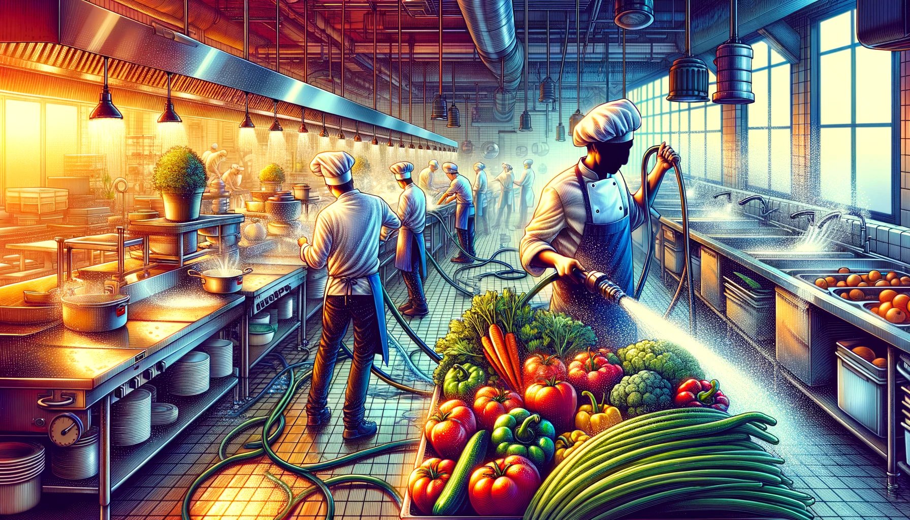 DALL·E 2024-03-21 09.37.34 - A vibrant and bustling food service setting, such as a restaurant kitchen, where chefs and kitchen staff use water hoses to quickly clean vegetables a