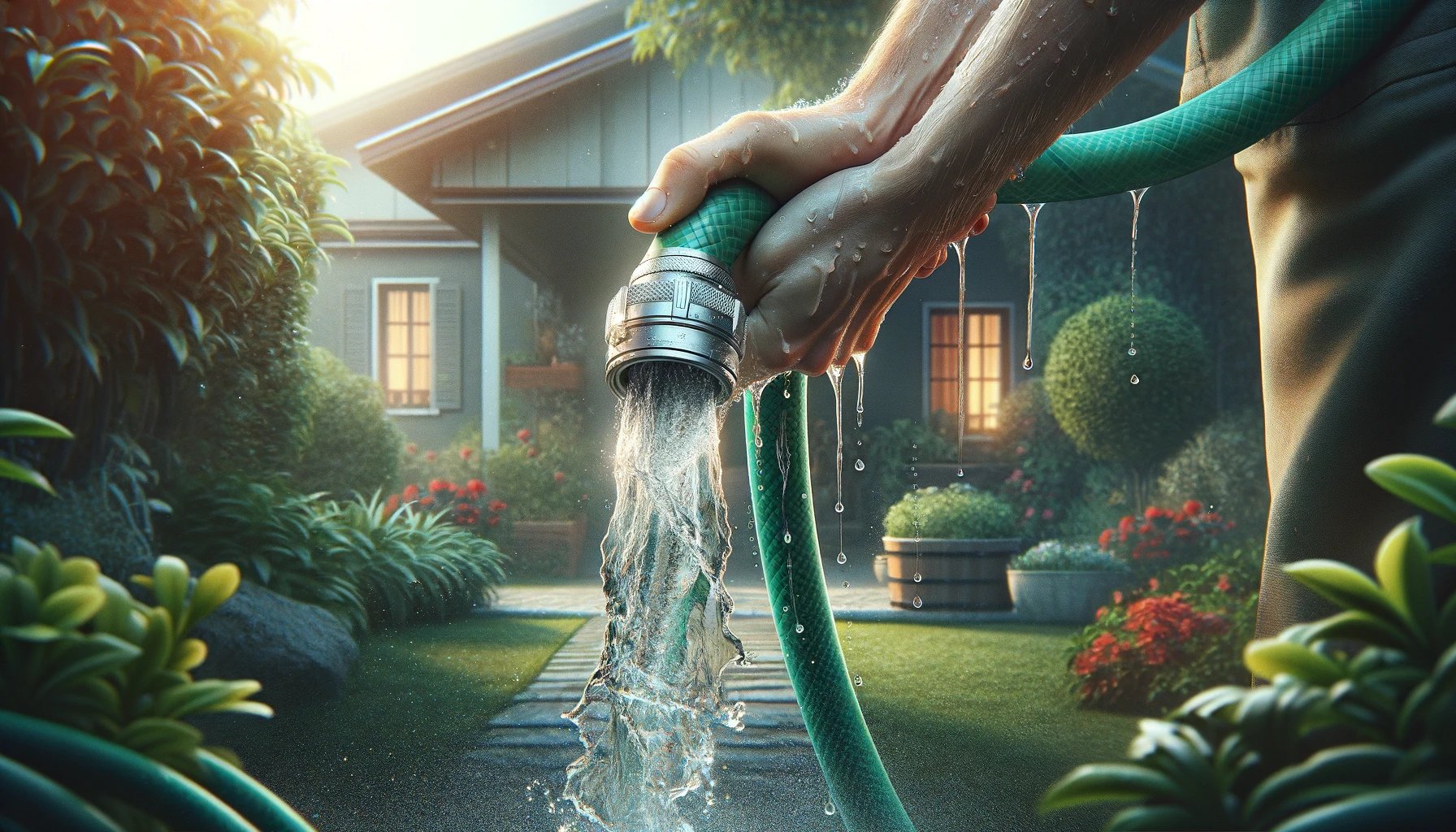 DALL·E 2024-04-26 11.39.17 - Create a realistic digital banner, 1792x1024, focusing on a close-up of a garden hose as it spills the last few drops of water. The scene should depic