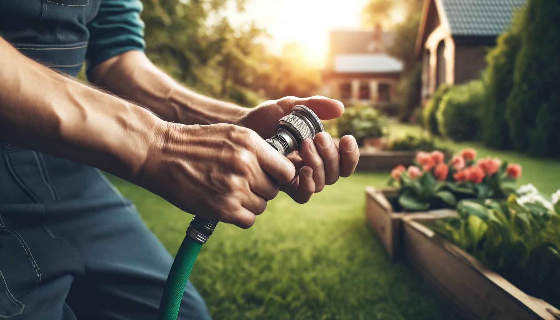 DALL·E 2024-04-26 13.40.34 - Create a realistic digital banner, 1792x1024, focusing on the gentle use of the garden hose nozzle. The scene should depict a gardener carefully handl