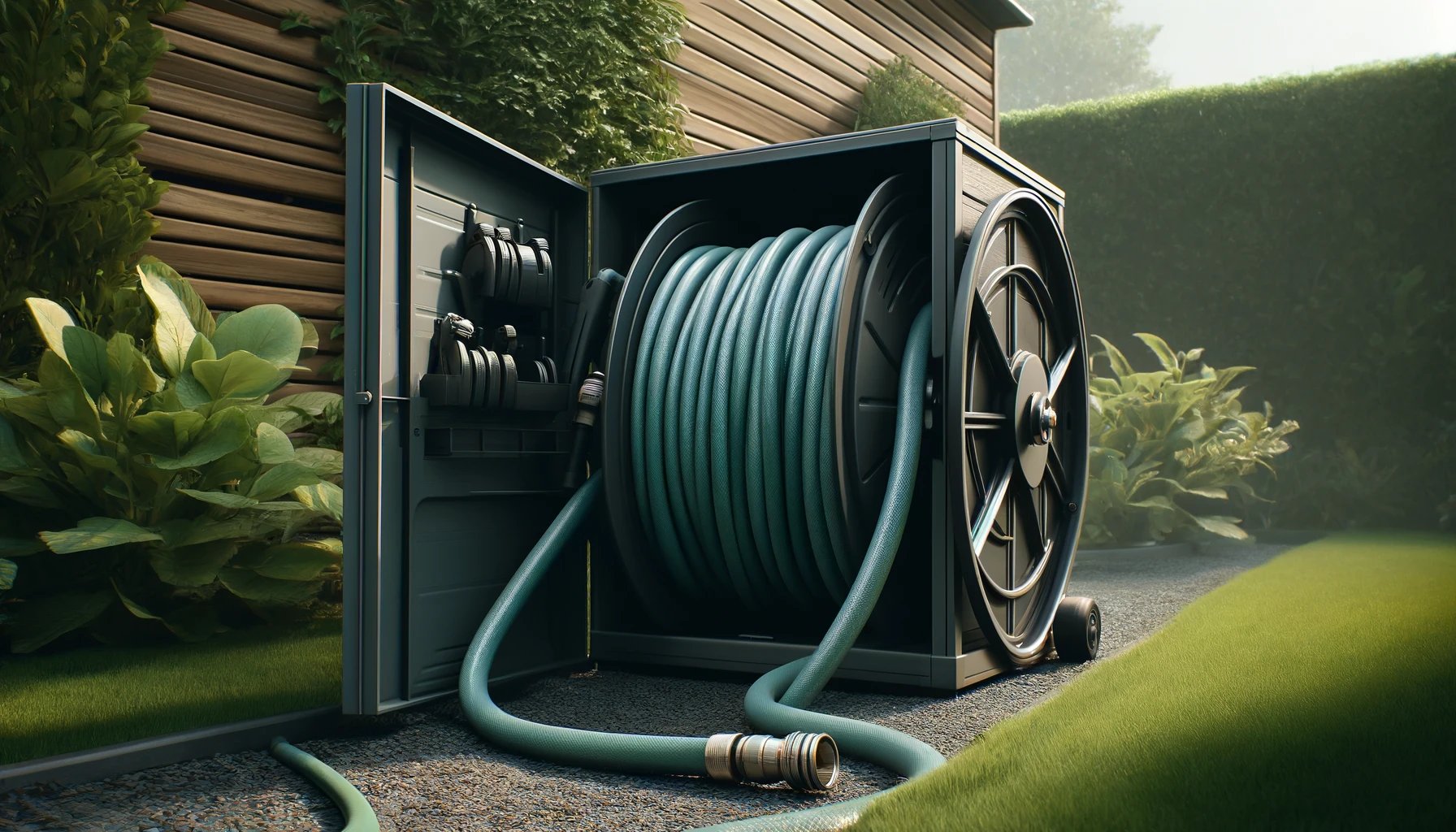 DALL·E 2024-04-26 13.47.01 - Create a realistic digital banner, 1792x1024, emphasizing a garden hose being placed into a high-quality storage solution in a residential garden. The