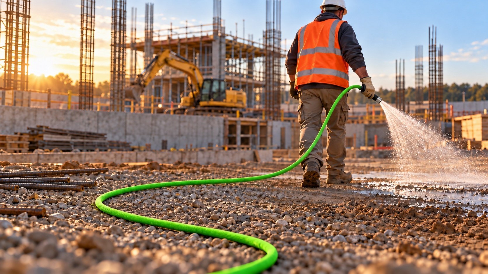 Construction worker pulling a high-visibility commercial water hose across a job site