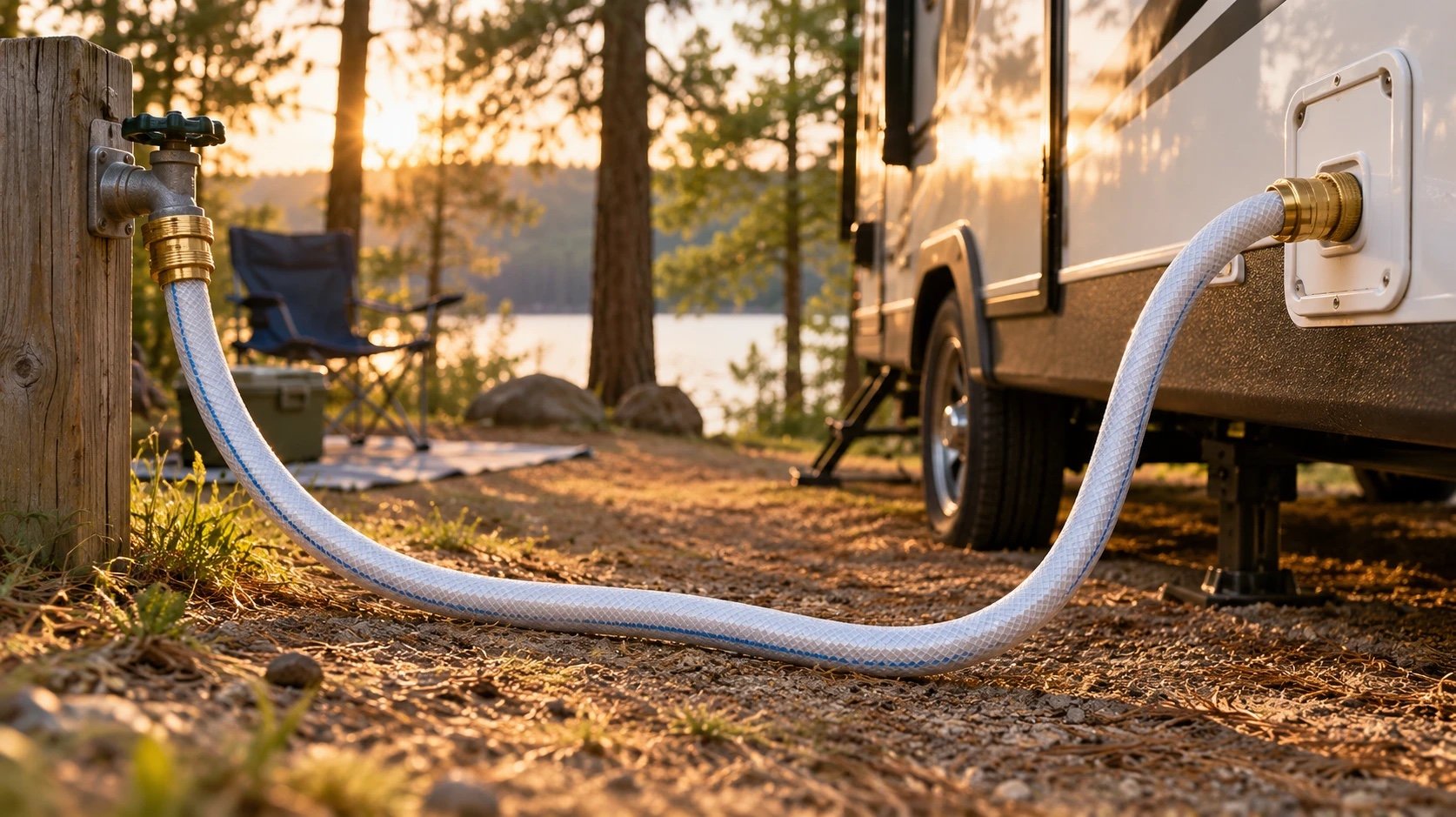 White drinking water hose connecting a campground water hookup to an RV fresh water inlet at sunset