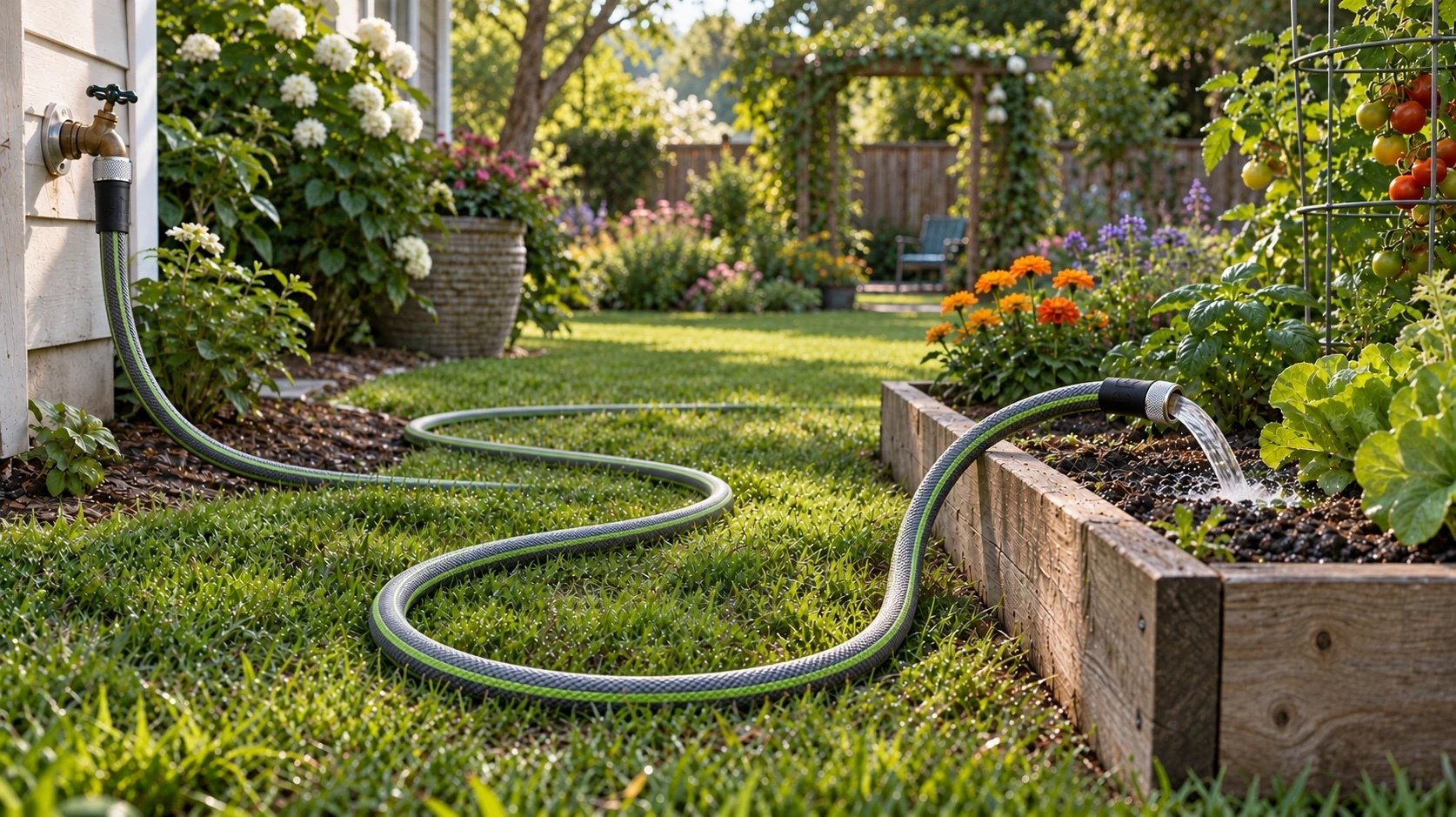 Kink-free garden hose laid in smooth curves across a backyard lawn, watering a raised vegetable bed